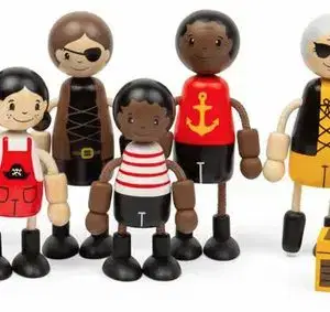 Bigjigs 6 Pirate Dolls Wooden Set with Mini Treasure Chest