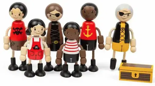 Bigjigs 6 Pirate Dolls Wooden Set with Mini Treasure Chest